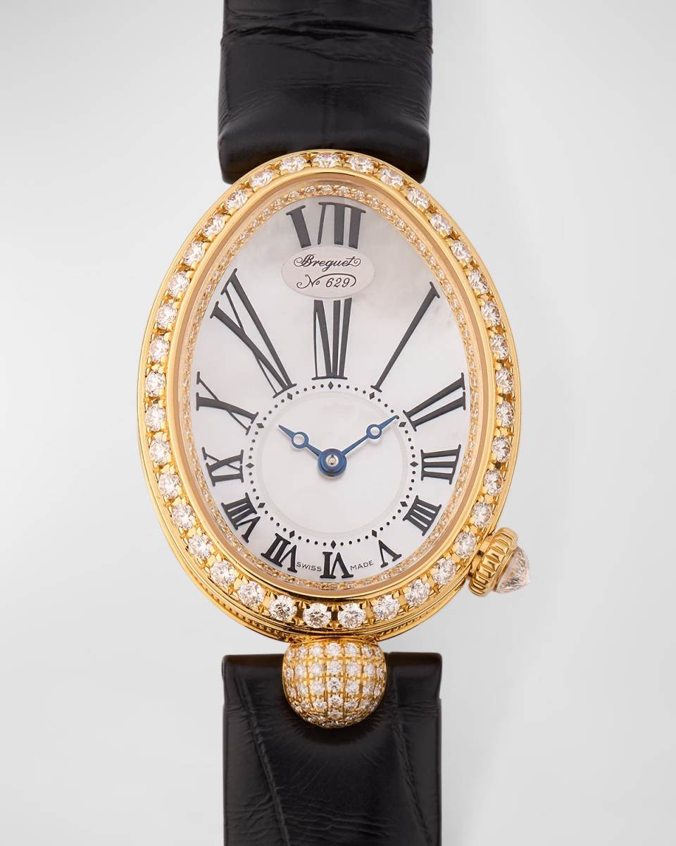 18K Yellow Gold 25mm Reine de Naples Diamond Watch with Alligator Strap
